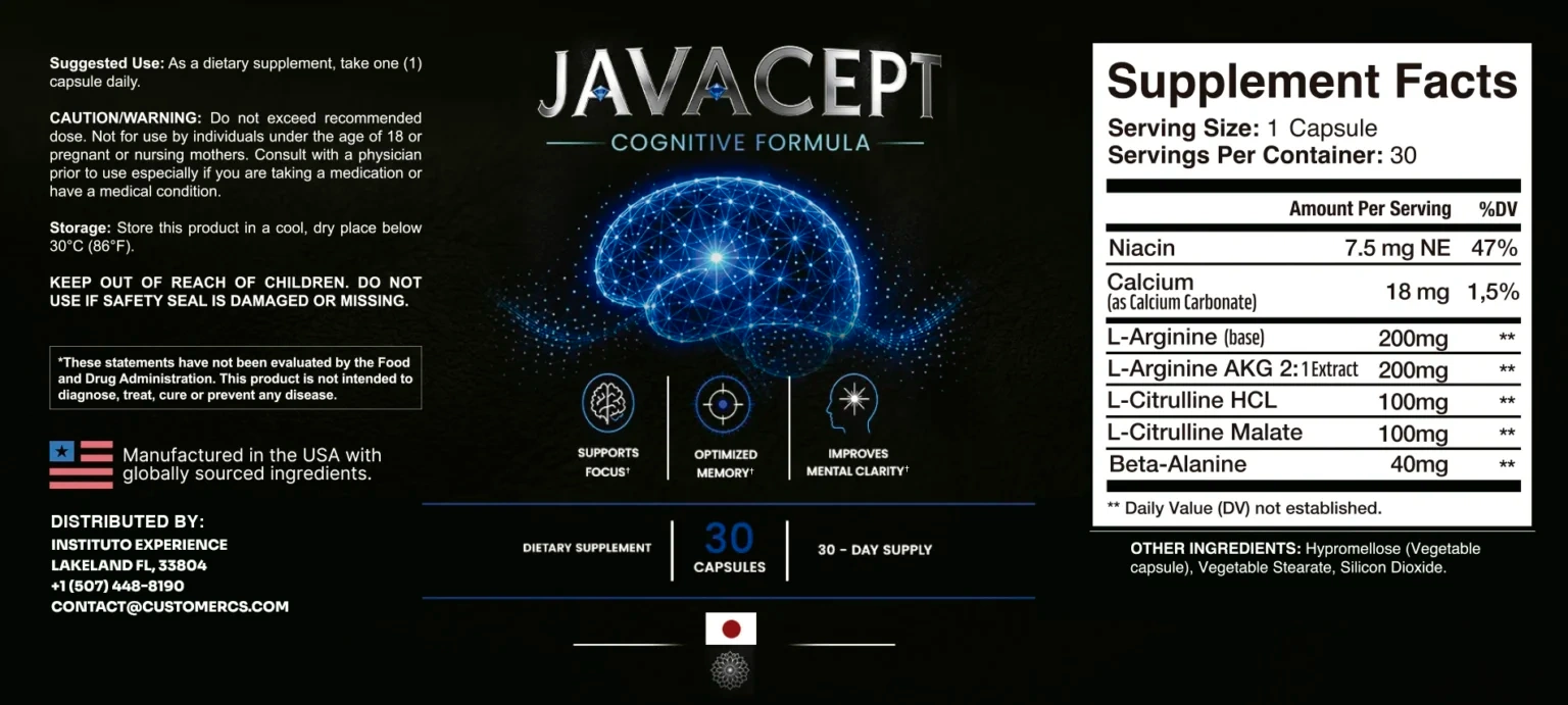 Javacept supplement facts label showing all six natural weight management ingredients and dosages